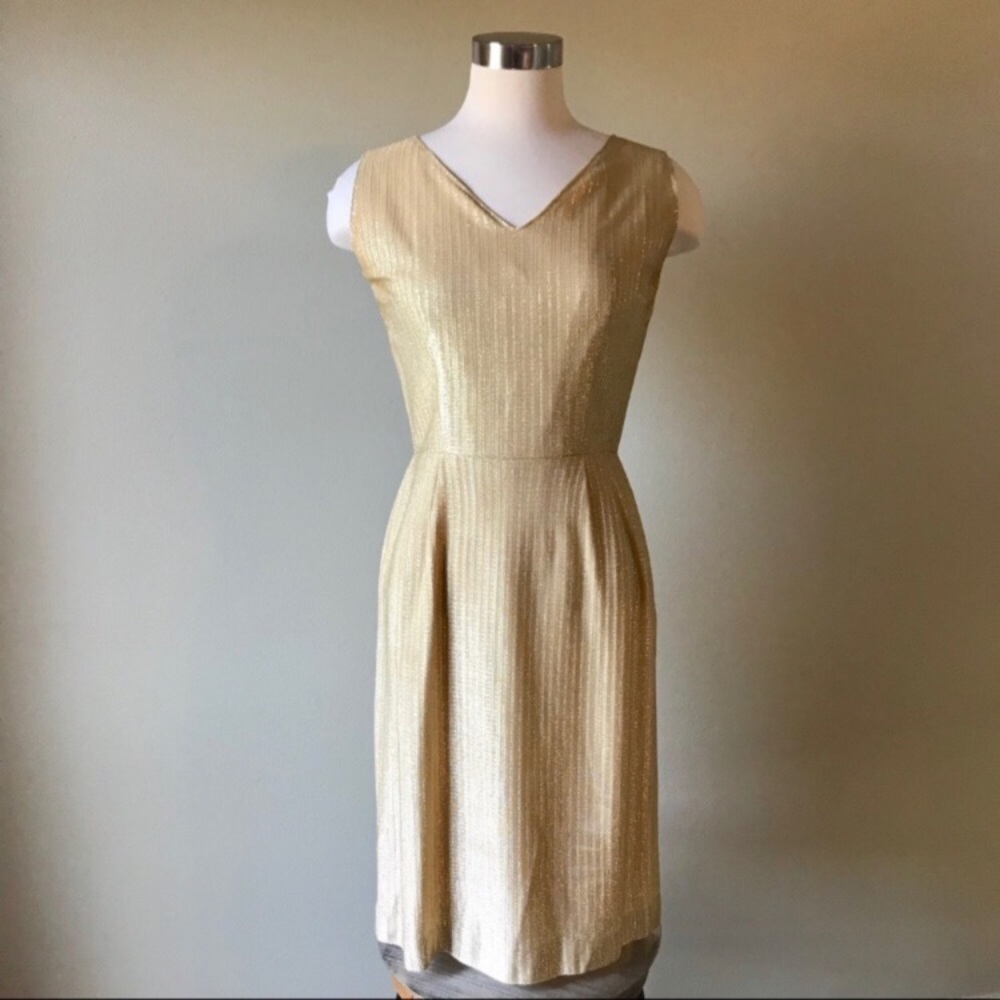 Vintage 50s Metallic Gold Cocktail Sheath Dress